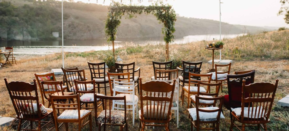 summer wedding ceremony area, arch chairs decor